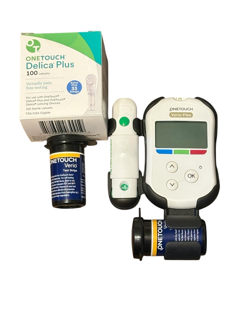 OneTouch Verio Flex Glucose Meter with Lancets & Test Strips - White/Black/Green
